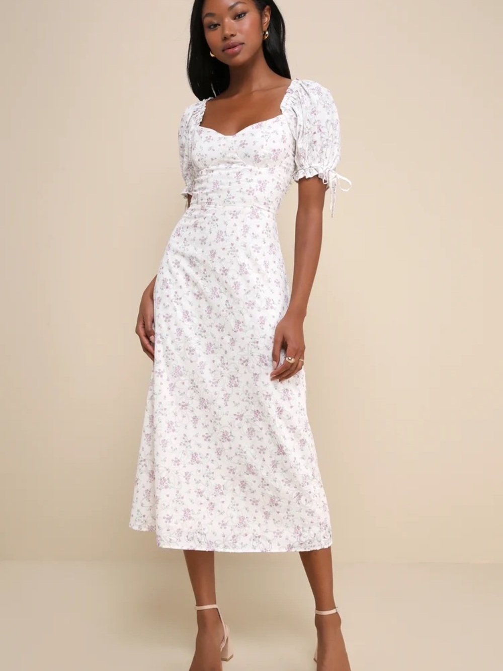 Lulu's White Midi Dress with Lilac Floral Print